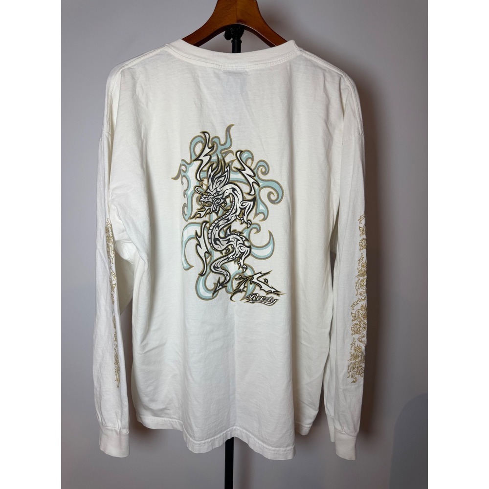 Rusty Mens Long Sleeve T-Shirt White Dragon Graphic Vintage Surf Skate XL